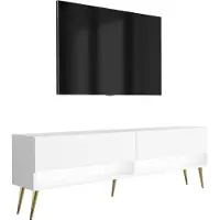 3Xeliving TV-Lowboard 170 cm blanc mat, pieds obliques dorés, LED blanc, 170 × 32 × 52 cm
