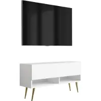 3Xeliving Buffet TV 100 cm blanc mat, pieds dorés inclinés, 100 × 32 × 52 cm