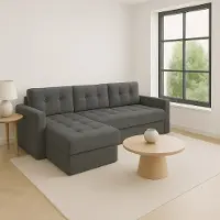 Sofello Canapé d'angle GUTTO avec fonction couchage, gris IVIO I, en velours dans des couleurs tendance. Surpiqûres modernes. LE HIT DE 2025