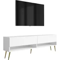 3Xeliving Buffet TV 170 cm blanc mat, pieds dorés inclinés, 170 × 32 × 52 cm