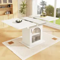 SUCCESS COURIER Table à manger extensible XL (110-140 cm) en blanc, table de cuisine télescopique avec portes en verre arc-en-ciel, table à manger avec 3 compartiments de rangement et étagères réglables