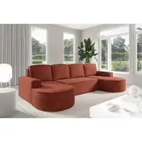 Sofello Canapé d'angle GUTTO Molly en U aux lignes arrondies, couleur crème et velours vert clair – une forme arrondie très tendance ! (avec fonction couchage)
