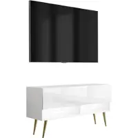 3Xeliving Meuble TV bas, 100 cm, blanc mat / blanc brillant, pieds inclinés dorés, éclairage LED blanc