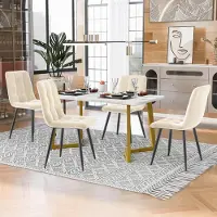 Fortuna Ensemble table à manger Lai 117 cm avec 4 chaises, table à manger rectangulaire Ensemble de table de cuisine moderne , chaise de salle à manger en velours beige, pieds de table dorés
