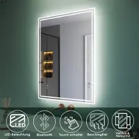 Sonni Miroir de salle de bain avec fonction Bluetooth 60x80cm Interrupteur tactile avec éclairage LED et antibuée Les deux sens d'installation Miroir mural