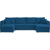 Best Mobilier Topaze - canapé panoramique en U - 7 places - convertible avec coffre - en velours côtelé , Bleu Ardoise