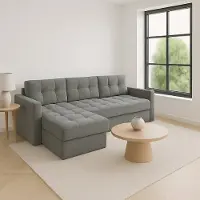 Sofello GUTTO GUTTO : Canapé d'angle convertible. Couleur gris clair, tissu velours IVIO I, disponible dans des couleurs tendance. Design moderne avec surpiqûres. Produit phare de 2025 !