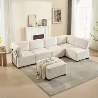 LVHOM Canapé modulaire en forme de U 308 x 82 x 154 cm, 6 places avec fonction sommeil, Canapé d'angle en velours côtelé modulaire, canapé en mousse convertible, ensemble de canapés, Beige
