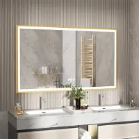WISFOR Miroir de salle de bain LED avec cadre en aluminium doré 100 x 60 cm, miroir mural avec interrupteur tactile, anti-buée à intensité variable pour salle de bain chambre à coucher maquillage