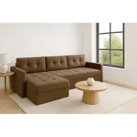 Sofello Canapé d'angle GUTTO avec fonction couchage, couleur marron, modèle IVIO I, en tissu velours, disponible dans des couleurs tendance. Design moderne avec surpiqûres. Produit phare de 2025