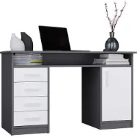 CARUNO Bureau ADA ANTHRACITE BLANC 125 cm 4 Tiroirs Armoire Etagères Bureau Chambre