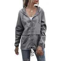 ASKSA Femme Veste de pluie légère Veste zippée Veste coupe-vent Outdoor Manteau de pluie avec capuche, Gris foncé, XL