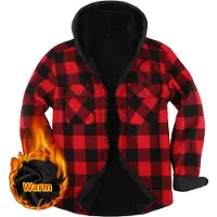 ASKSA Herren Winterjacke Kariert Fleecefutter Jacke Outdoor Strickjacke mit Kapuz Fleecejacke, Rot, XXL