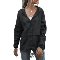 ASKSA Femme Veste de pluie légère Veste zippée Veste coupe-vent Outdoor Manteau de pluie avec capuche, Noir, XXL