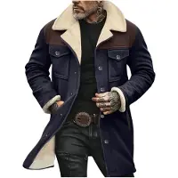 ASKSA Hommes Vintage Veste en daim Chaudement doublée Veste d'hiver Veste en jean Manteau en cuir Revers Manteau d'hiver Fermeture éclair Veste en similicuir,Bleu foncé,3XL
