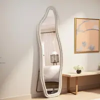 UnboxG Miroir intégral, 160 x 50 cm miroir sur pied ondulé irrégulier avec housse de cadre velours, Grand miroir mural, miroir d'habillage pour salon, chambre à coucher, garde-robe, couloir, blanc