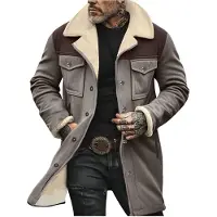 ASKSA Hommes Vintage Veste en daim Chaudement doublée Veste d'hiver Veste en jean Manteau en cuir Revers Manteau d'hiver Fermeture éclair Veste en similicuir,Gris,3XL