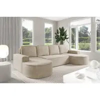 Sofello Canapé d'angle GUTTO Molly en forme de L, avec des courbes douces, dans une couleur gris beige crème, en velours clair : un design arrondi tendance ! (avec fonction convertible)