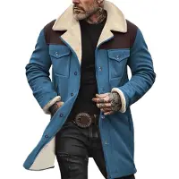 ASKSA Hommes Vintage Veste en daim Chaudement doublée Veste d'hiver Veste en jean Manteau en cuir Revers Manteau d'hiver Fermeture éclair Veste en similicuir,Bleu,L