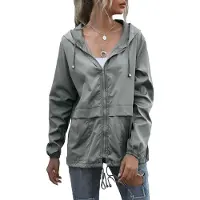 ASKSA Femme Veste de pluie légère Veste zippée Veste coupe-vent Outdoor Manteau de pluie avec capuche, Gris clair, S