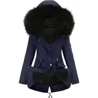 ASKSA Manteau d'hiver Femme Chaud Doublé Veste d'hiver Femme Parka d'hiver mi-longue avec Taille ajustable et bord en Fourrure artificielle amovible,Bleu foncé,L