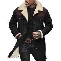ASKSA Hommes Vintage Veste en daim Chaudement doublée Veste d'hiver Veste en jean Manteau en cuir Revers Manteau d'hiver Fermeture éclair Veste en similicuir,Noir,3XL