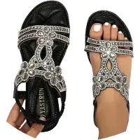ASKSA Femmes Sandales à paillettes Été, Sandales à strass Chaussures plates élégantes, Noir, Taille : 41