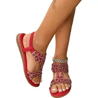 ASKSA Femmes sandales paillettes été, sandales strass chaussures plates élégantes, rouge, taille : 41