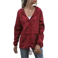 ASKSA Femme Veste de pluie légère Veste zippée Veste coupe-vent Outdoor Manteau de pluie avec capuche, Rouge vin, S