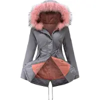 ASKSA Manteau d'hiver Femme Chaud Doublé Veste d'hiver Femme Parka d'hiver mi-longue avec Taille ajustable et bord en Fourrure artificielle amovible,Rose gris,XL