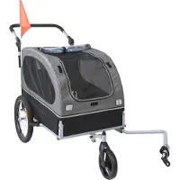 SucceBuy remorque à vélo pour chiens, capacité de charge de 40 kg, poussette 2 en 1, cadre facilement pliable, attelage universel, réflecteurs, drapeau, noir/gris