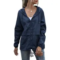 ASKSA Femme Veste de pluie légère Veste zippée Veste coupe-vent Outdoor Manteau de pluie avec capuche, Bleu foncé, M