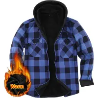 ASKSA Hommes Veste d'hiver à carreaux Doublure polaire Veste Outdoor Veste tricotée avec capuche Veste polaire, Bleu, S