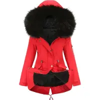 ASKSA Manteau d'hiver Femme Chaud Doublé Veste d'hiver Femme Parka d'hiver mi-longue avec Taille ajustable et bord en Fourrure artificielle amovible,Rouge,3XL