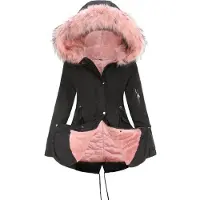 ASKSA Manteau d'hiver Femme Chaud Doublé Veste d'hiver Femme Parka d'hiver mi-longue avec Taille ajustable et bord en Fourrure artificielle amovible,Noir Rose,M