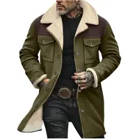 ASKSA Hommes Vintage Veste en daim Chaudement doublée Veste d'hiver Veste en jean Manteau en cuir Revers Manteau d'hiver Fermeture éclair Veste en similicuir,Vert armée,L