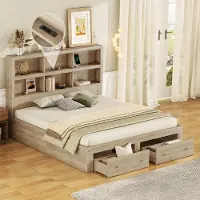 Fortuna Lai Lit double 160x200cm, bois massif, lit kingsize à plateau avec 2 tiroirs, lit double kingsize avec prise USB, tête de lit avec espace de rangement,Naturel