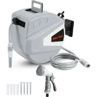 TolleTour Enrouleur de tuyau Enrouleur de tuyau 30M pivotant à 180° Premium automatique Boîte à tuyau murale avec pistolet à eau, Support mural inclus, Gris