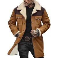 ASKSA Hommes Vintage Veste en daim Chaudement doublée Veste d'hiver Veste en jean Manteau en cuir Revers Manteau d'hiver Fermeture éclair Veste en cuir synthétique,Gingembre,3XL