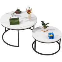 Fortuna Lai Lot de 2 tables basses rondes Table d'appoint (imitation marbre) pour le salon, grande taille : 80x80x45cm ; petite taille : 60 x 60 x 33 cm,Noir