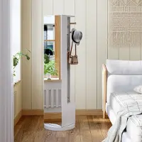 Fortuna Miroir intégral Lai, miroir sur pied, miroir pivotant à 360°, 160 x 45 cm, avec socle, tablettes et crochets, verre trempé transparent, pour chambre à coucher, blanc