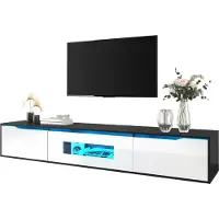 Fortuna Meuble TV Lai brillant 180 cm, noir et blanc avec éclairage LED USB, meuble TV bas moderne avec fixation murale, meuble TV avec éclairage à changement de couleur pour salon