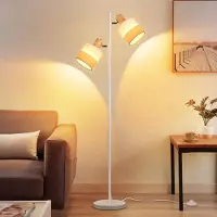 ZMH Lampadaire Salon Lampadaire en bois Lampadaire à 2 flammes Lampadaire en tissu E14 Lampe de lecture Lampadaire d'angle rotatif avec interrupteur à pied Chambre à coucher