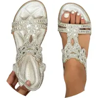 ASKSA Femmes Sandales à paillettes Été, Sandales à strass Chaussures plates élégantes, Argent, Taille : 38