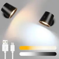 ZMH Applique murale LED Noir 2 PERSONNES Applique murale intérieure Batterie Touch Control 360° pivotant 3 niveaux de luminosité Sans fil Pour enfants Salon Chambre Flu