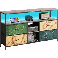 Fortuna Lai Armoire TV 137 cm - aspect bois de tigre avec tiroirs en tissu multicolore, table TV moderne pour le salon