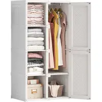 Fortuna Lai Armoire à vêtements, système d'étagères portable, 8 cubes armoire en plastique avec 1 tringle à vêtements, armoire de chambre à coucher armoire à vêtements blanc, 136 x 69 x 50cm