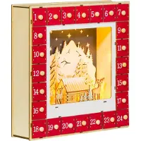 Fortuna Calendrier de l'Avent Lai à remplir 24 tiroirs Compartiments Calendrier de Noël avec lumières LED Boîte calendrier de l'Avent Décoration de Noël DIY MDF 34 x 7 x 34 cm Rouge