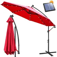 TolleTour Parasol avec éclairage LED Parapluie de jardin 300 cm Parapluie avec 24 ampoules LED protection UV Parapluie à manivelle Support Parasol de jardin Parasol de marché, rouge