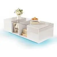 UnboxG Table basse blanche moderne avec éclairage LED, plateau brillant, 120 x 50 x 38,5 cm
